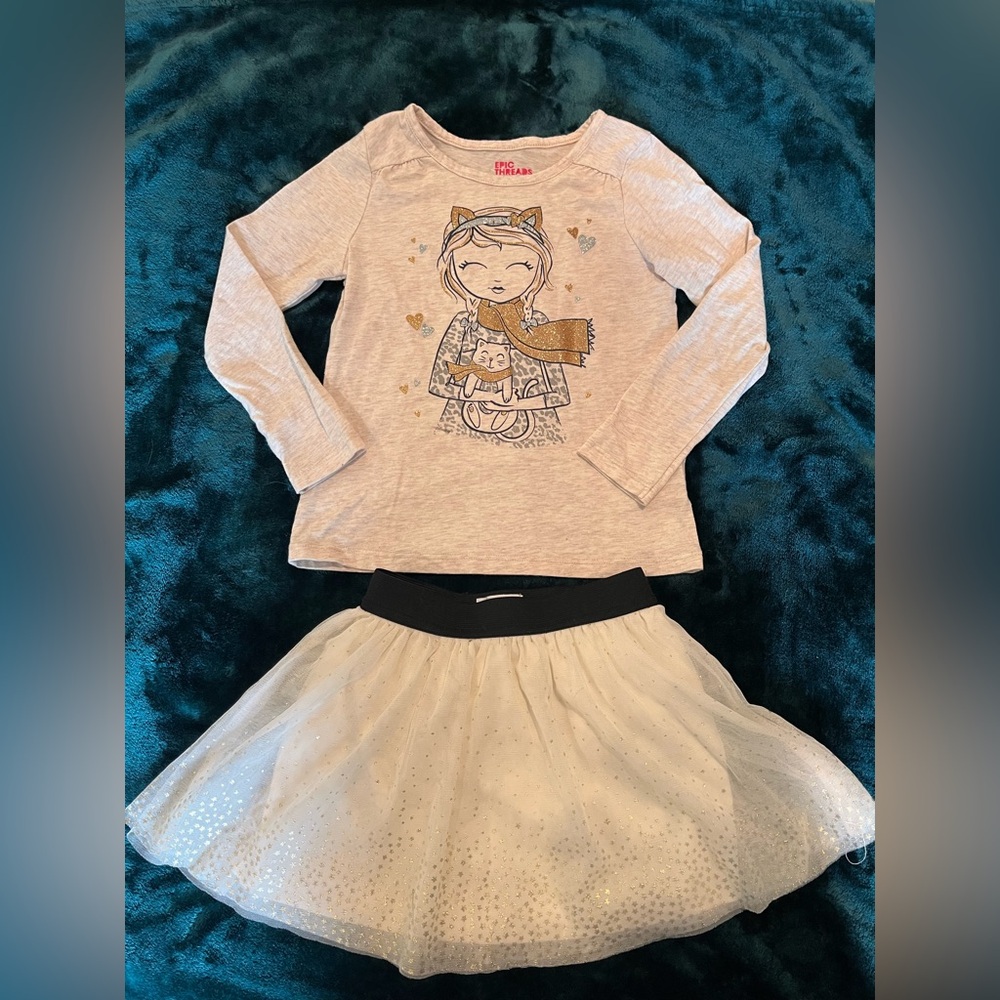 Epic Threads Girl and Cat Gold and Silver Long Sleeve Top and Skirt Set